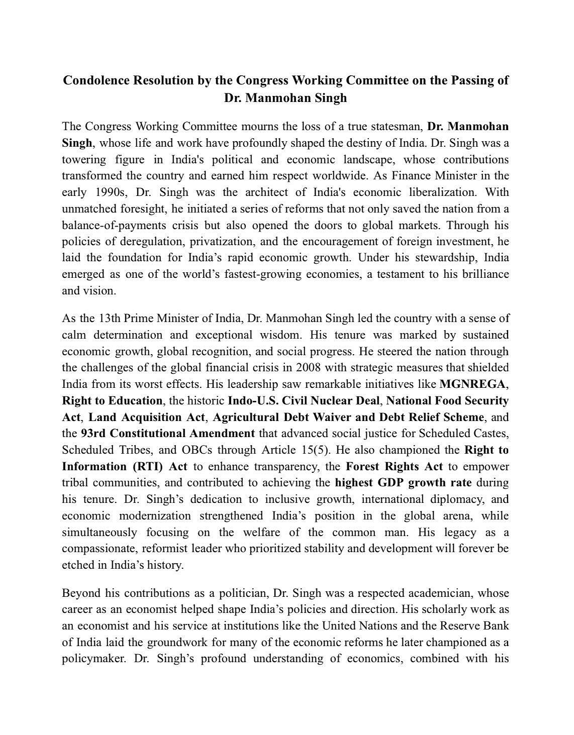 Condolence Resolution of the Congress Working Committee at the Passing of Dr Manmohan Singh (1)