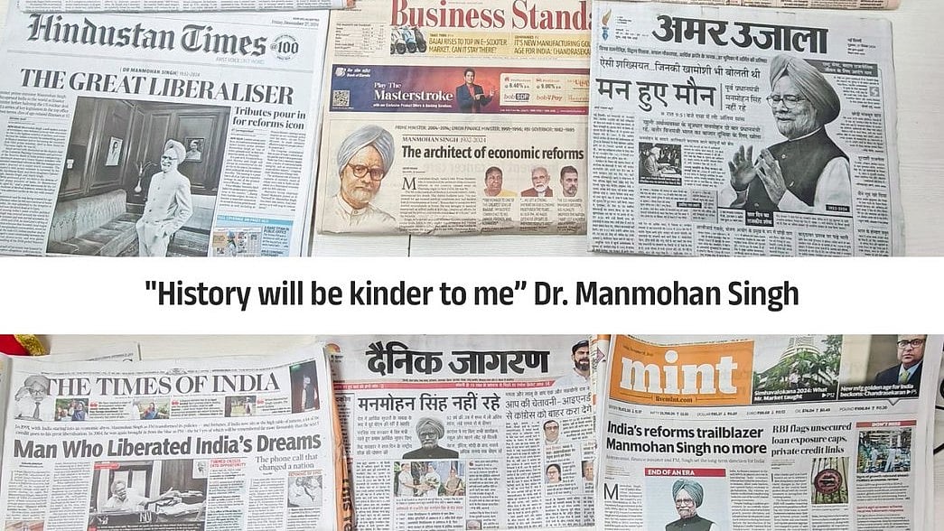 Front pages of national newspapers awash in tributes to the former PM, the late Manmohan Singh 