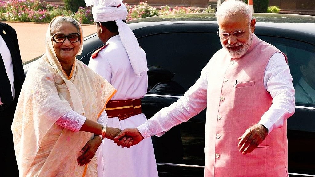 PM Narendra Modi with overthrown Bangladeshi PM Sheikh Hasina (file photo)
