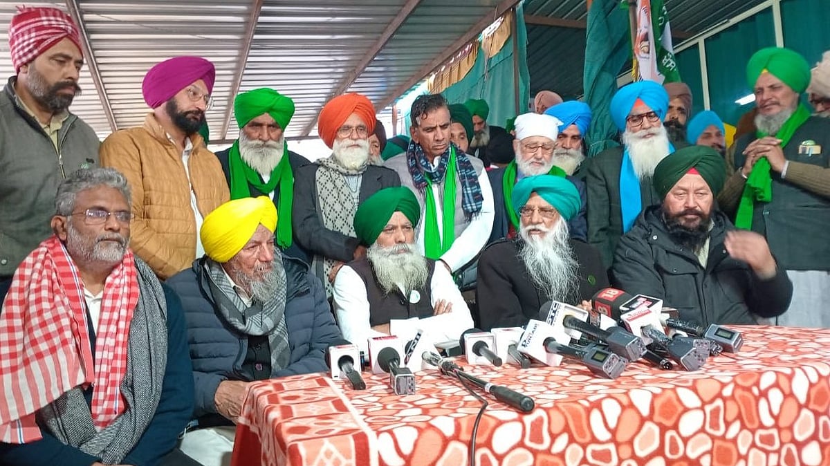 Prominent leaders of SKM speaking to the media (photo: @geoajeet/X)