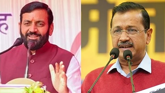 Haryana CM Saini (left), former Delhi CM Kejriwal (right)