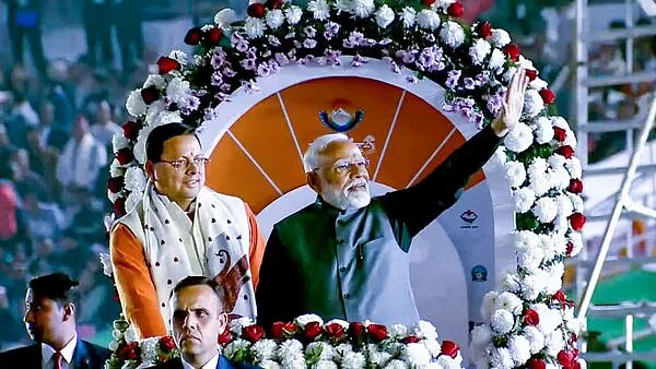Prime minister Narendra Modi with Uttarakhand CM Pushkar Singh Dhami at National Games opening