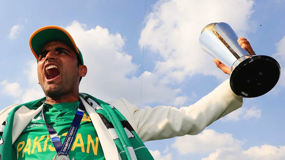 Fakhar Zaman with the ICC Champions Trophy in 2017