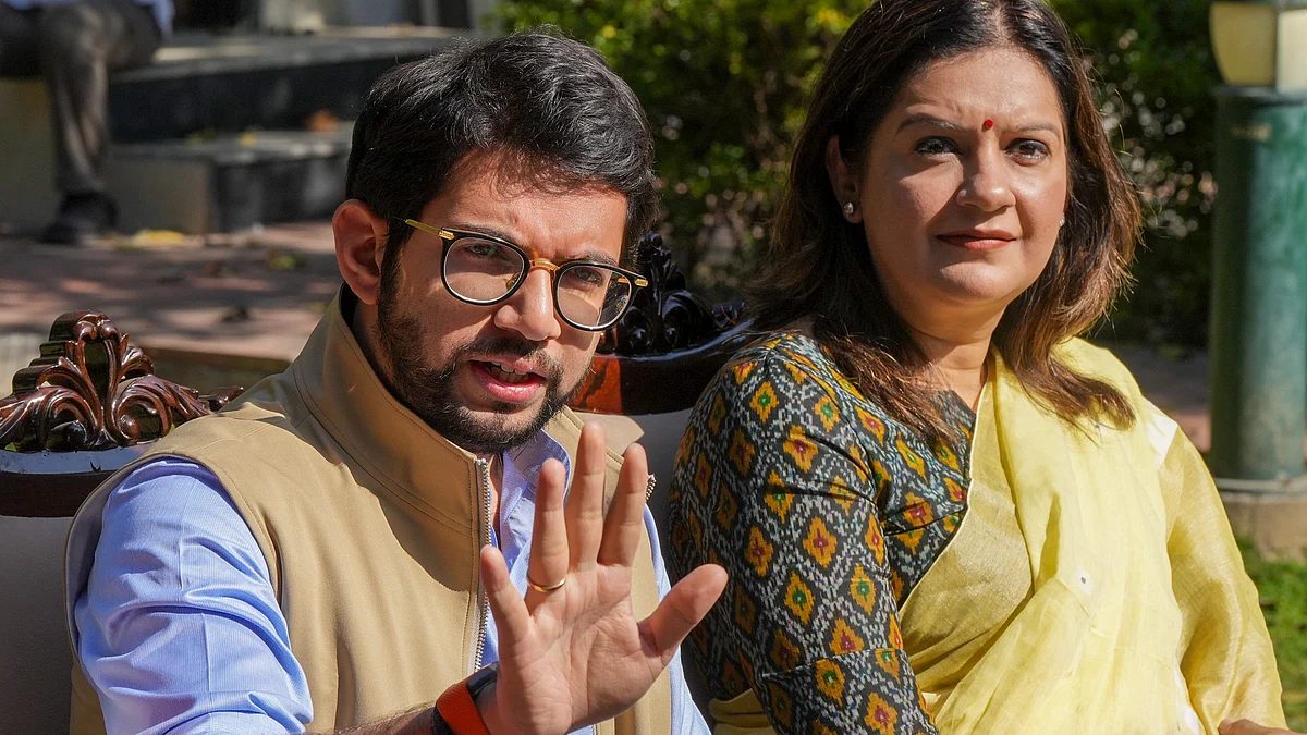Aditya Thackeray addresses the press in Delhi with Sanjay Raut (not seen) and Priyanka Chaturvedi