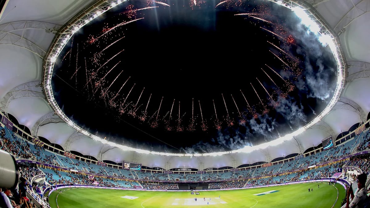 Ring of Fire: The night skies light up during fireworks at Dubai International Cricket Stadium 