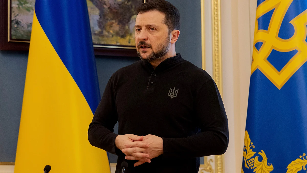 Ukrainian President Volodymyr Zelenskyy in Kyiv on 19 Feb (photo: PTI)