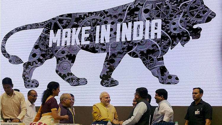 Modi launching Make in India initiative. Photo: PTI