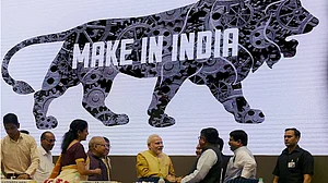 Modi launching Make in India initiative. Photo: PTI