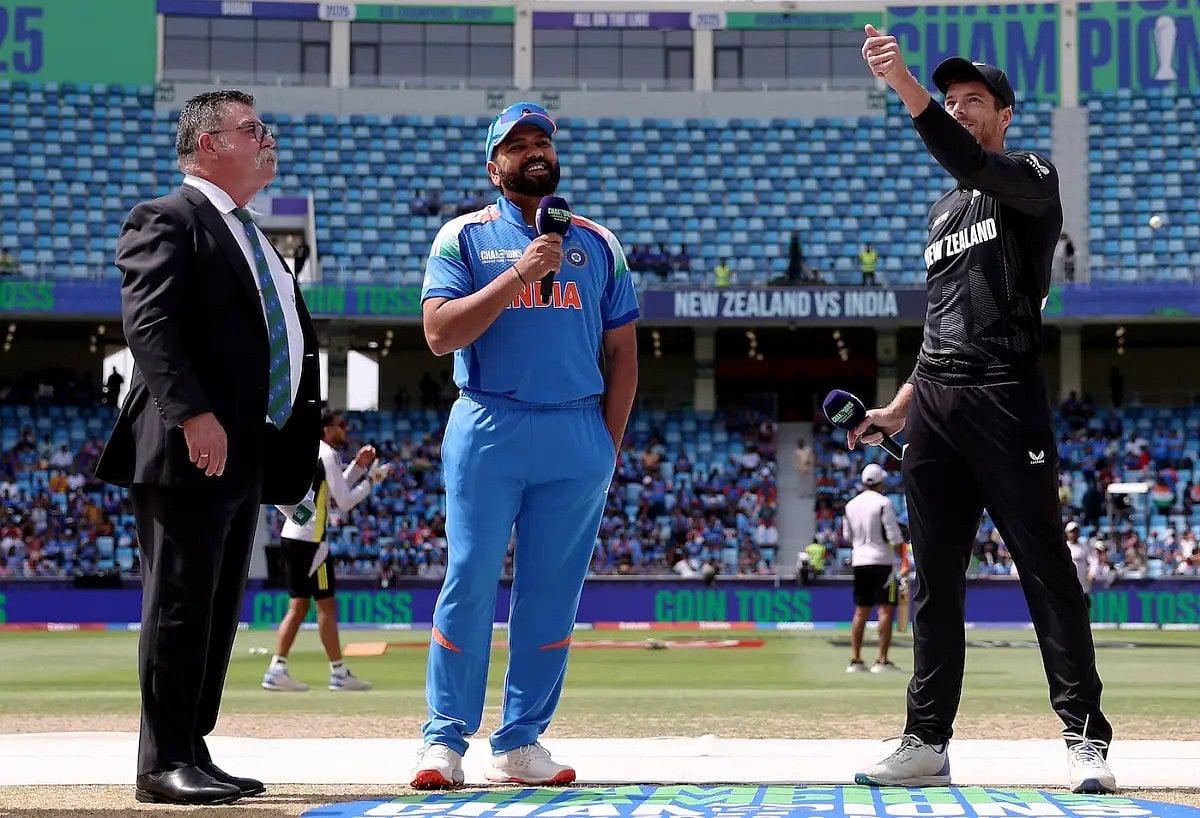 Familiar foes: Rival skippers Rohit Sharma and Mitchell Santner during toss for their league game earlier