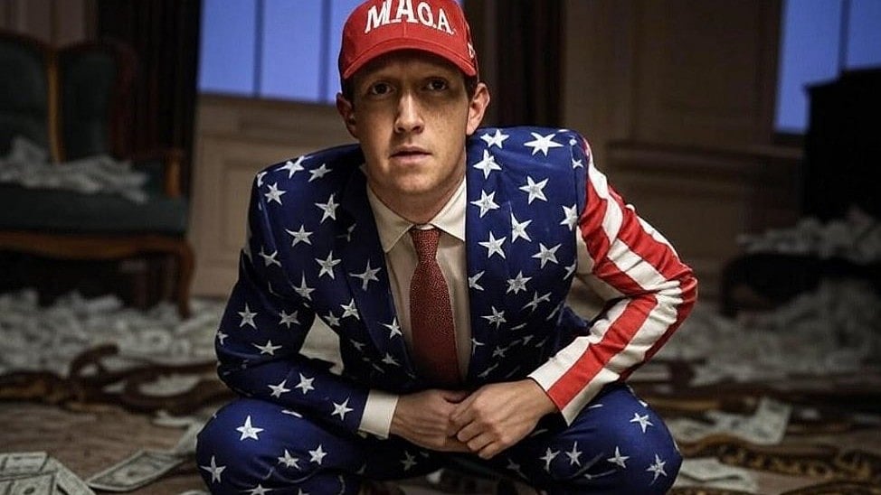 AI-generated parody art of Meta chief Mark Zuckerberg in a red MAGA cap and American flag-coded suit