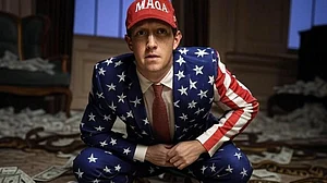AI-generated parody art of Meta chief Mark Zuckerberg in a red MAGA cap and American flag-coded suit