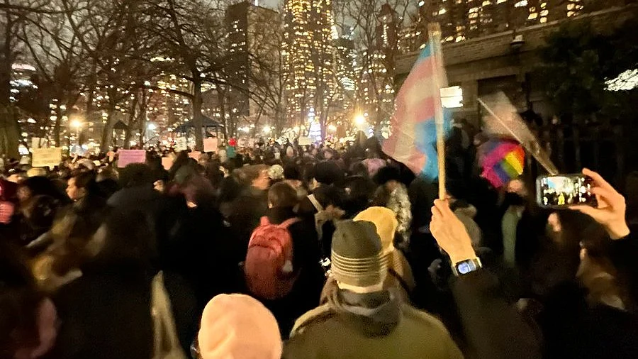 Protest outside NYU over Donald Trump government ending healthcare for transgender youth