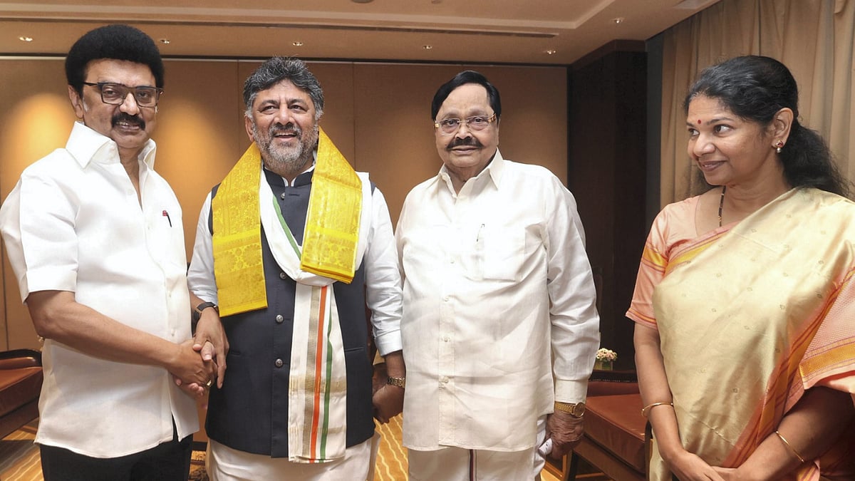 Karnataka deputy CM D.K. Shivakumar with Tamil Nadu chief minister MK Stalin in Chennai, 22 March 2025