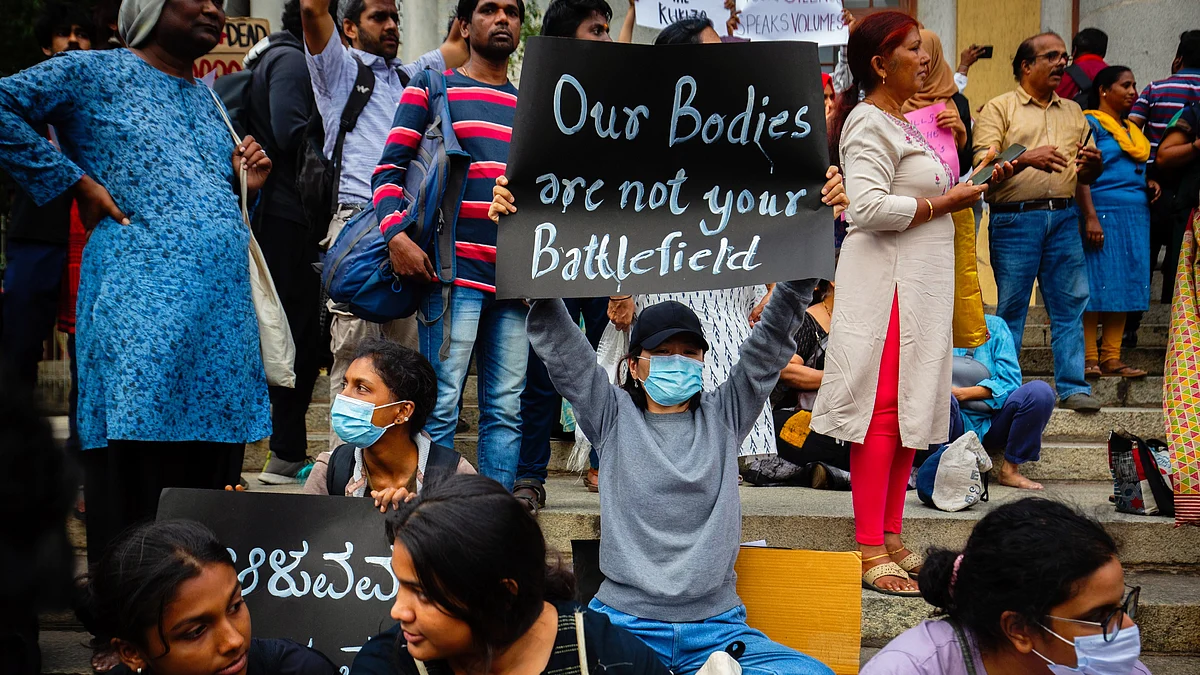 A slogan protesting violence against women in Manipur