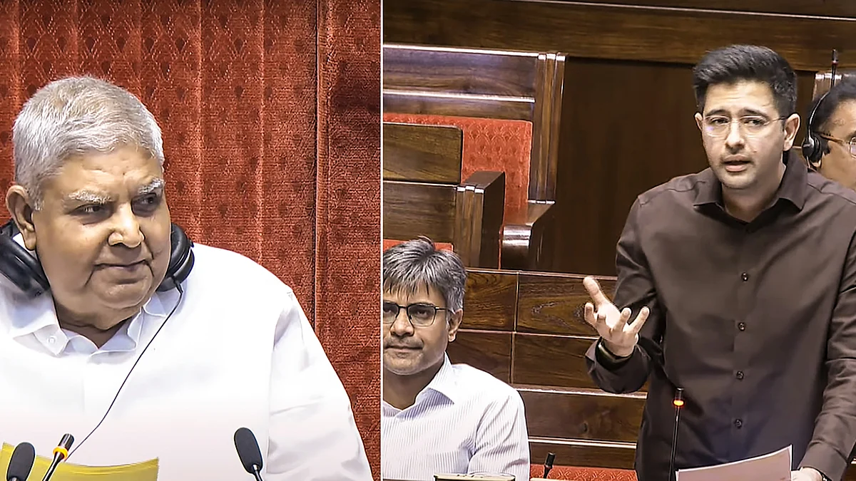 Rajya Sabha chairman Jagdeep Dhankhar looks on as AAP MP Raghav Chadha speaks