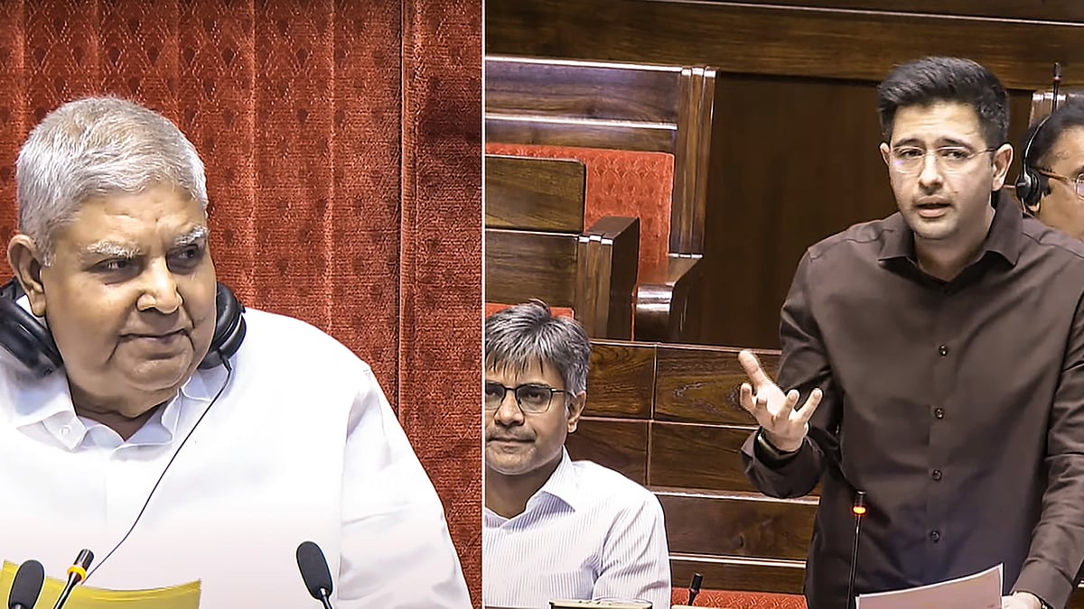 Rajya Sabha chairman Jagdeep Dhankhar looks on as AAP MP Raghav Chadha speaks