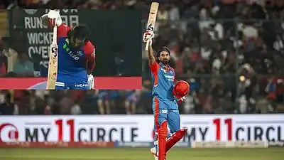 KL Rahul celebrates. Inset: the batter marks his turf in the style of his favourite film Kantara