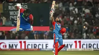 KL Rahul celebrates. Inset: the batter marks his turf in the style of his favourite film Kantara