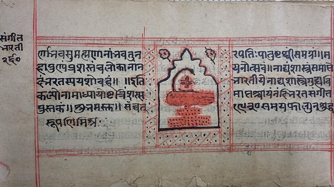Page in Bharat Muni's manuscript Natyashastra in Sanskrit has image of a Shivling in a decorative alcove 
