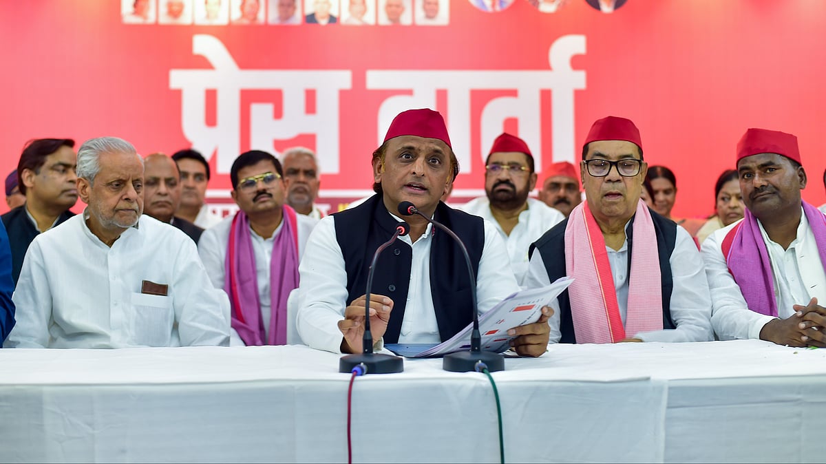Akhilesh Yadav addresses a press conference in Prayagraj on 20 April (photo: PTI)