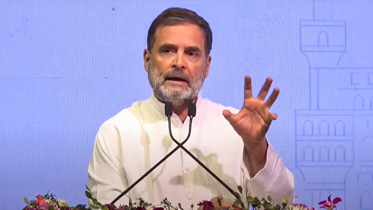 Rahul Gandhi addresses Bharat Summit 2025 in Hyderabad on 26 April (photo: PTI)