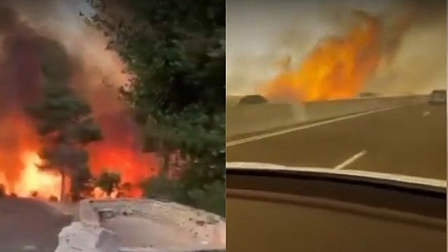Photos and videos shared on social media show fire engulfing the road