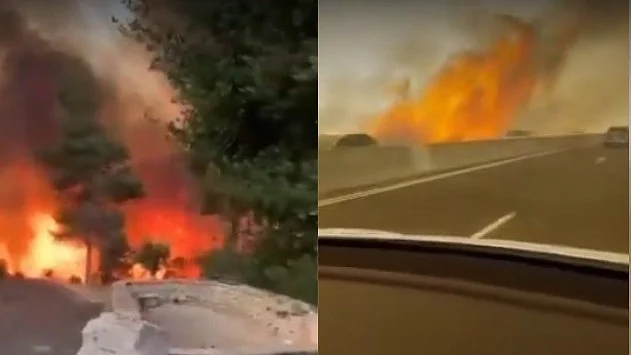 Photos and videos shared on social media show fire engulfing the road