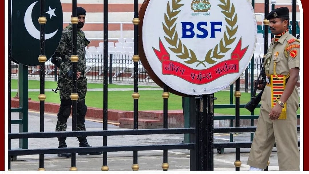 BSF logo and Pakistan flag signposted at the Attari–Wagah border