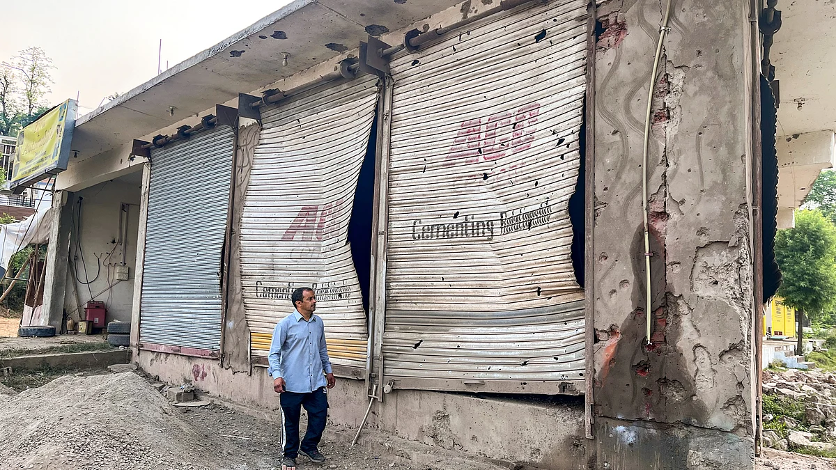A row of damaged shops in Poonch