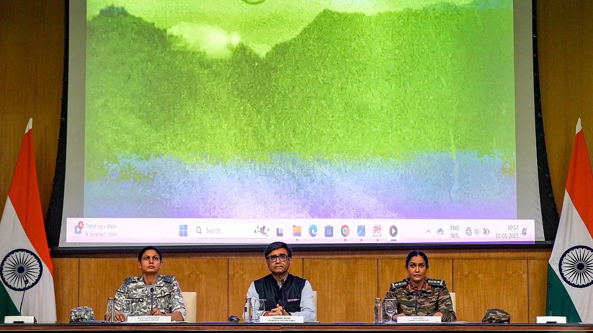 FS Vikram Misri with Wing Cdr Vyomika Singh and Col Sofiya Qureshi (photo: PTI)