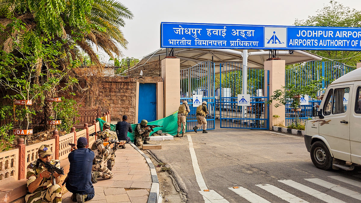 Security personnel during a mock drill at Jodhpur airport on 9 May (photo: PTI)