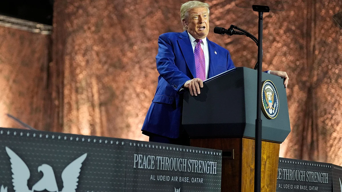 Donald Trump speaks at Al Udeid Air Base on 15 May (photo: AP/PTI)