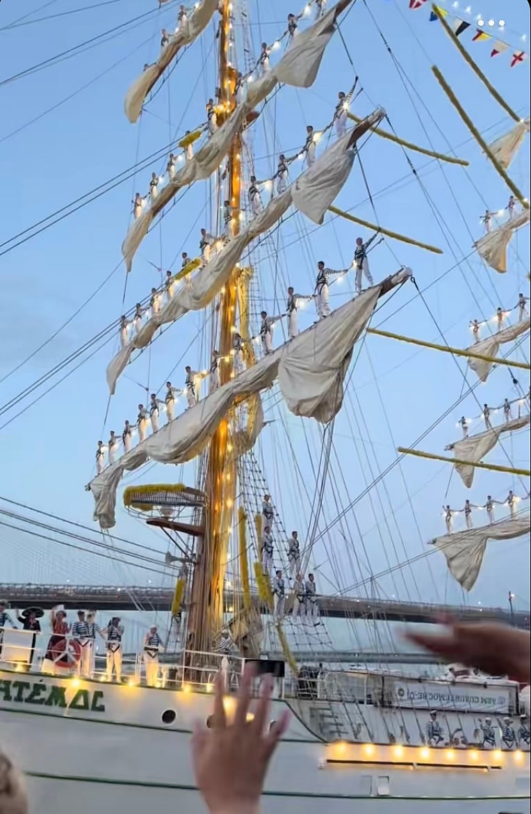 Graduating naval cadets stood on the yards all the way up the masts just before the collision