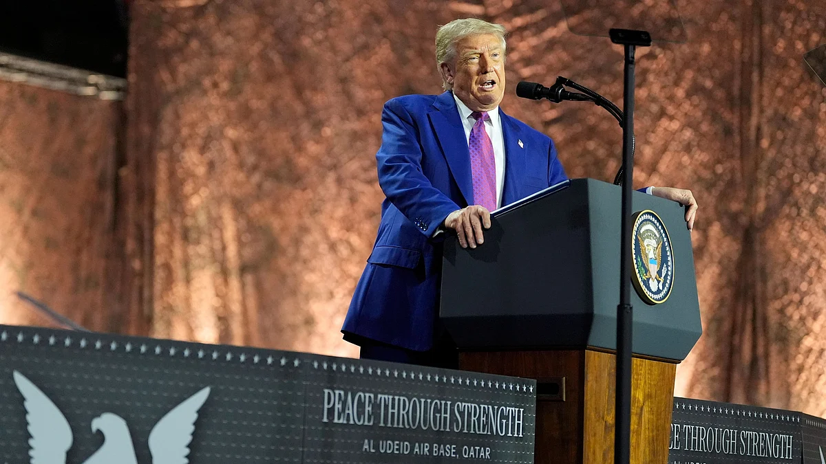 Donald Trump speaks at Al Udeid Air Base on 15 May (photo: AP/PTI)