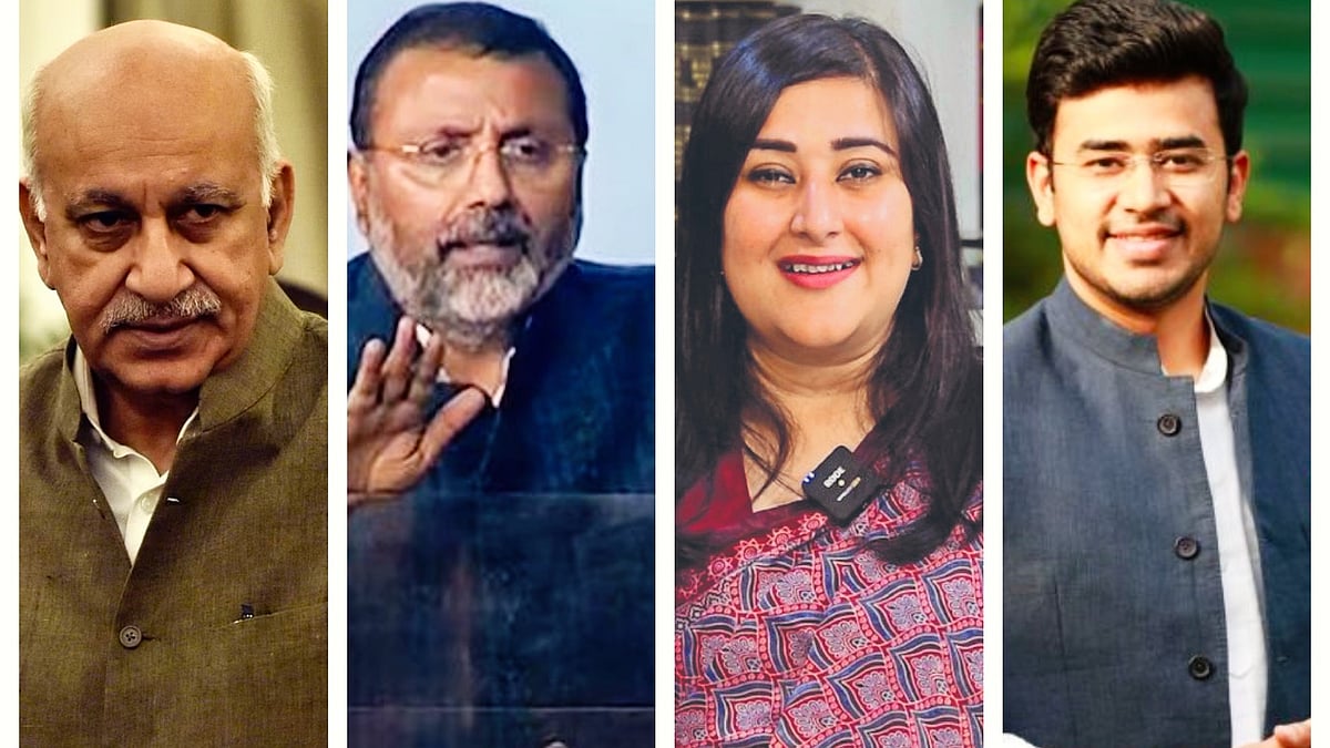 L-R: M.J. Akbar, Nishikant Dubey, Bansuri Swaraj, Tejasvi Surya, all BJP delegates