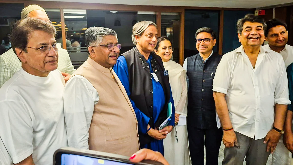 Vikram Misri (second from right) with MPs from various parties after the hearing (photo: PTI)