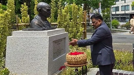 MP Sanjay Kumar Jha paying tributes to Mahatma Gandhi in Tokyo (Photo courtesy: Sanjay Kumar Jha@X)