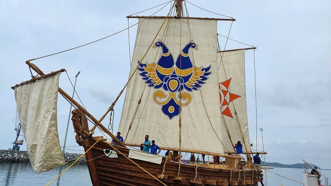 The INSV Kaundinya, with a gandaberunda on its sail, was named for an ancient Indian mariner