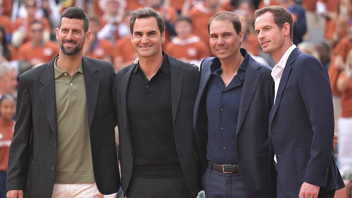 Nadal flanked by Djokovic, Federer and Murray during his felicitation on 25 May (photo: ATP Tour)