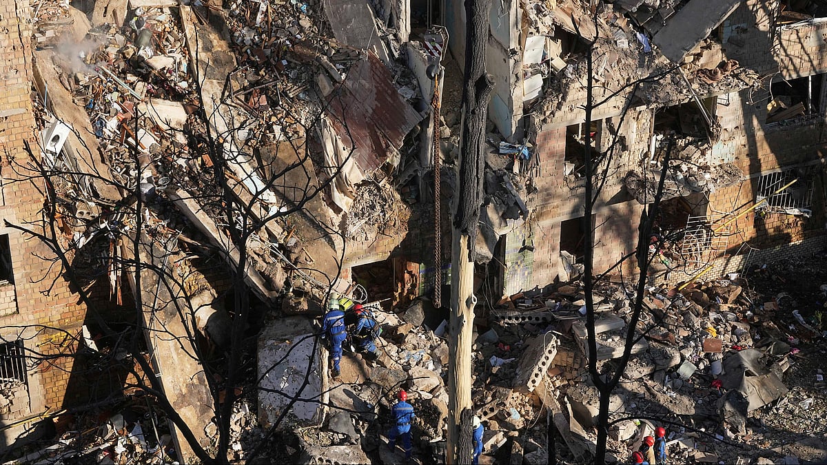 A destroyed apartment building in Kyiv on 23 June (photo: AP/PTI)