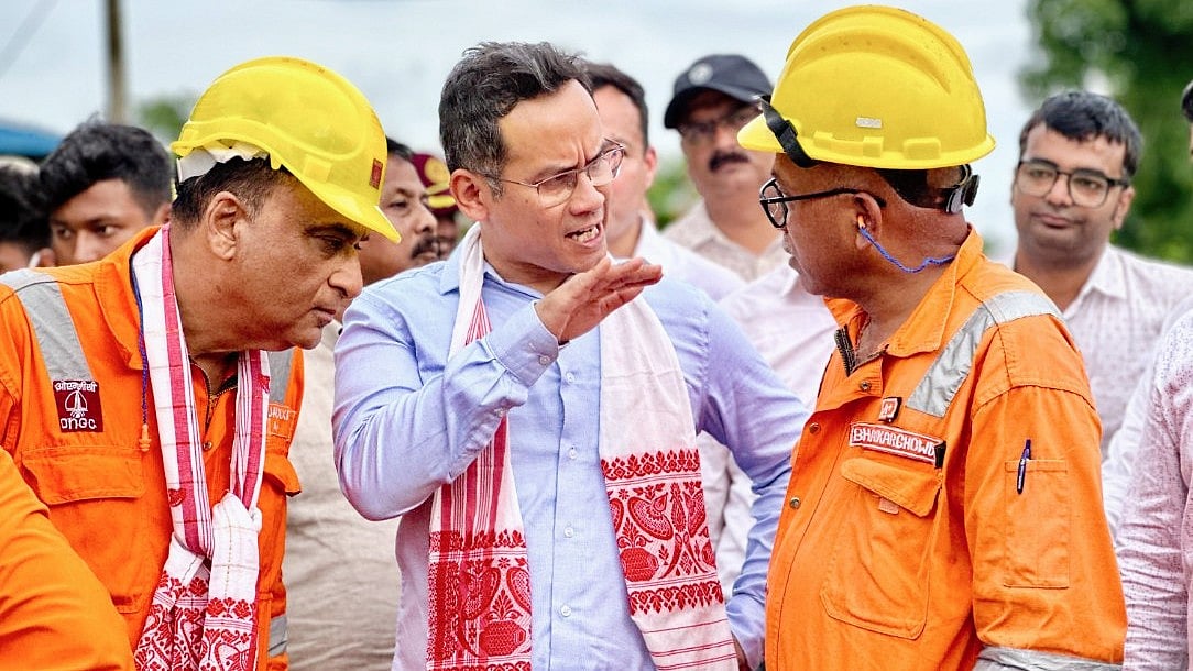 Assam Congress chief Gaurav Gogoi at the site of the gas leak on 16 June (photo: @INCAssam/X)