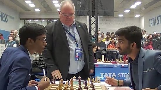 Neck-and-neck: Pragg (left) and Gukesh at Tata Steel Chess