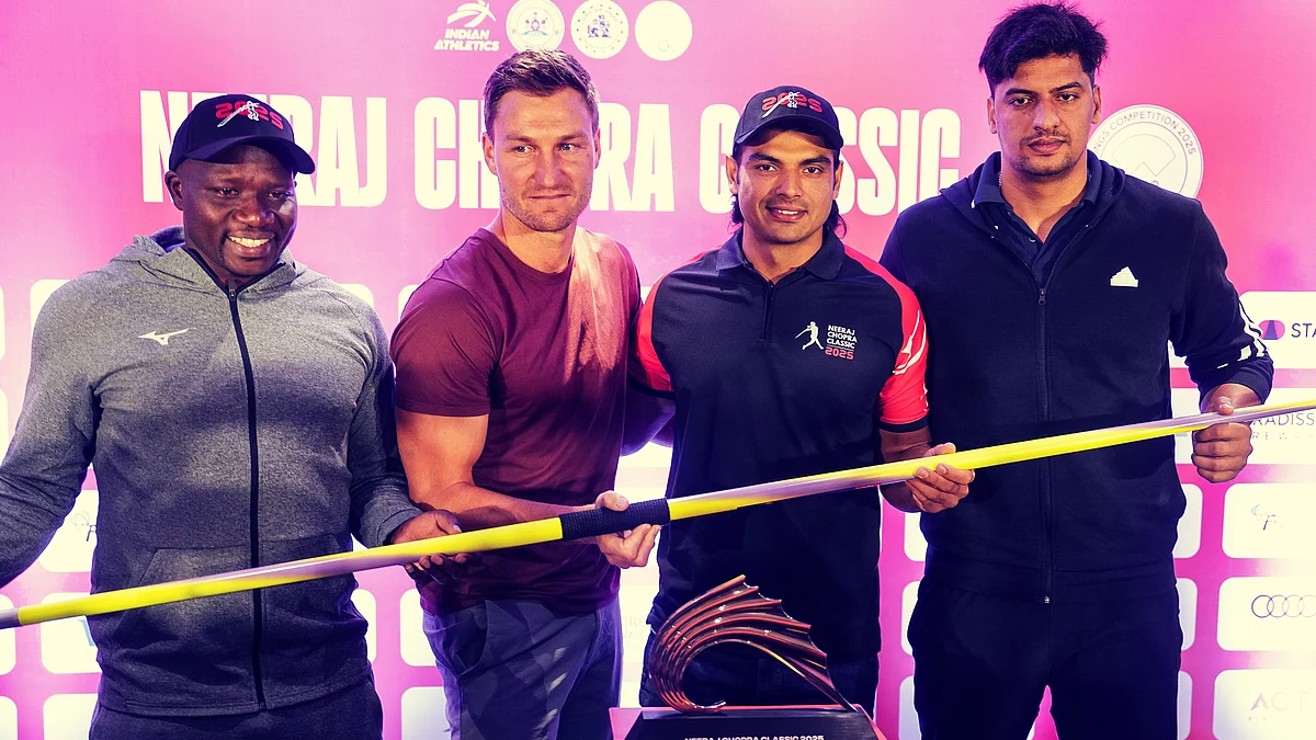 Julius Yego, Thomas Rohler, Chopra and Sachin Yadav at a press meet ahead of the event (photo: PTI)