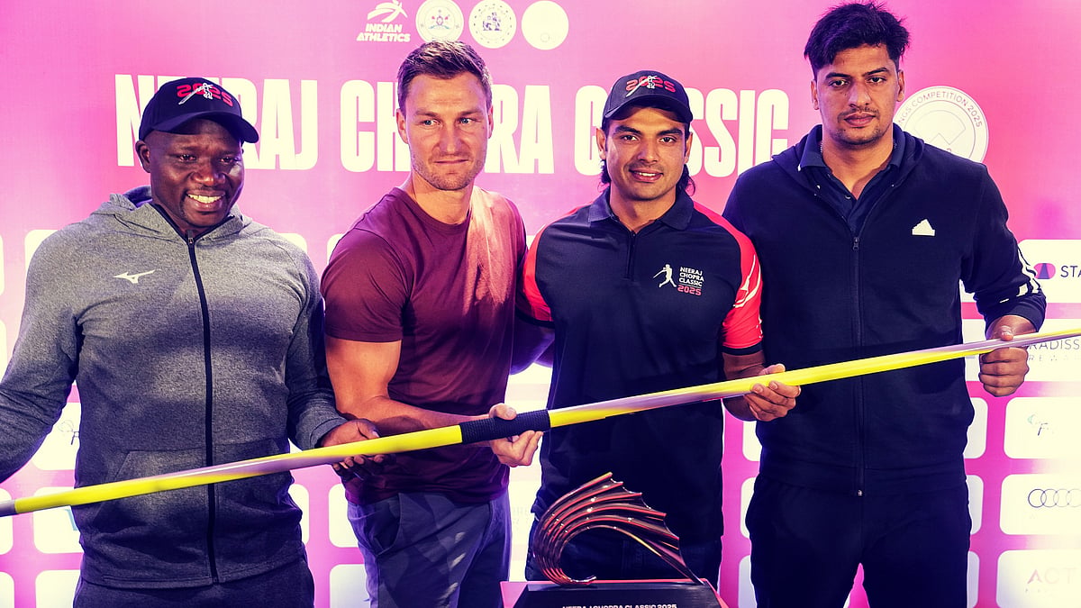 Julius Yego, Thomas Rohler, Chopra and Sachin Yadav at a press meet ahead of the event (photo: PTI)