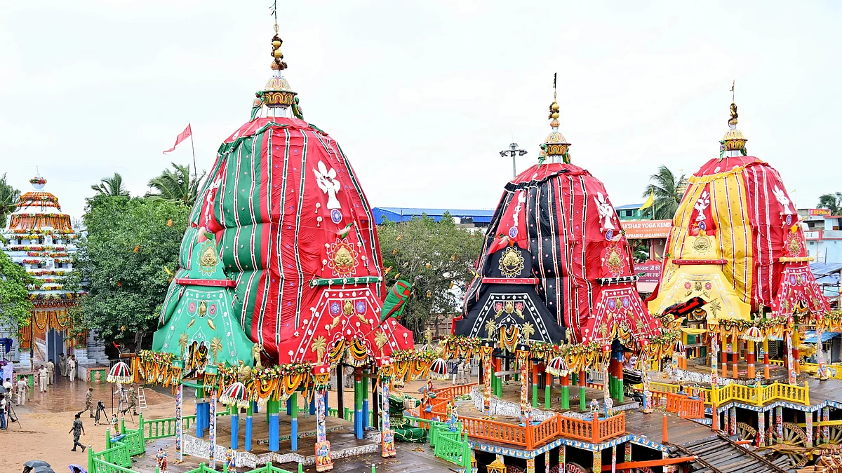 Lord Jagannath, Lord Balabhadra and Goddess Subhadra's chariots waiting for return journey. (photo: PTI)
