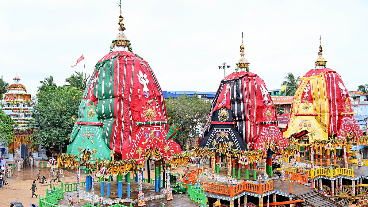 Lord Jagannath, Lord Balabhadra and Goddess Subhadra's chariots waiting for return journey. (photo: PTI)