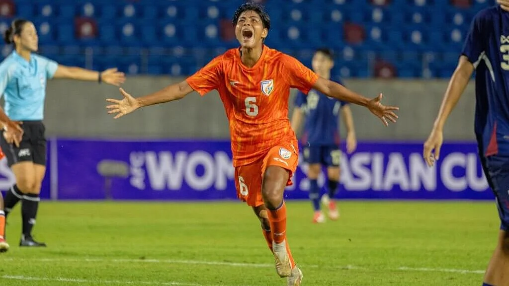 Sangita Basfore, who plays for East Bengal FC, after one of her goals on 5 July (photo: AIFF)