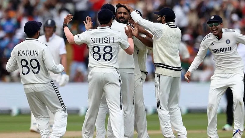 Man of the hour: Akash Deep being congrtaulated by his teammates at Edgbaston on Sunday