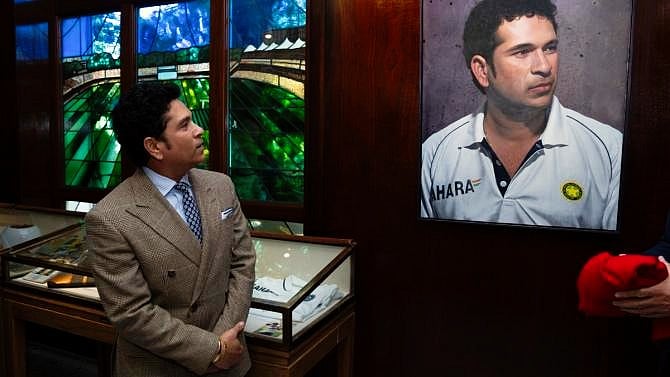 Sachin Tendulkar reflects on his portrait at the MCC Museum at the Lord's on Thursday