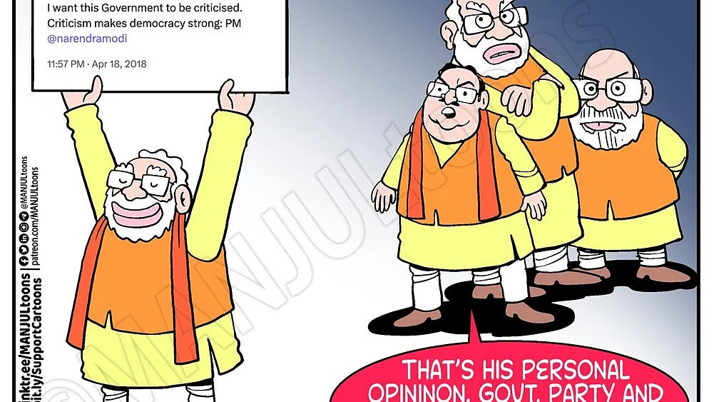 One of several satirical cartoons on the PM and the RSS (from www.manjultoons.com)